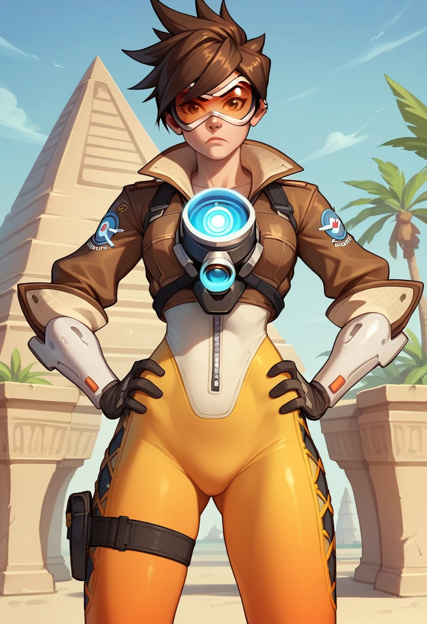 tracerow,tracer (overwatch),short hair, (visor, googles), cropped jacket, orange leggings, looking at viewer, serious, angry,
standing, hands on hips, outside, egypt, pyramid of giza, extreme detail, masterpiece, big tits