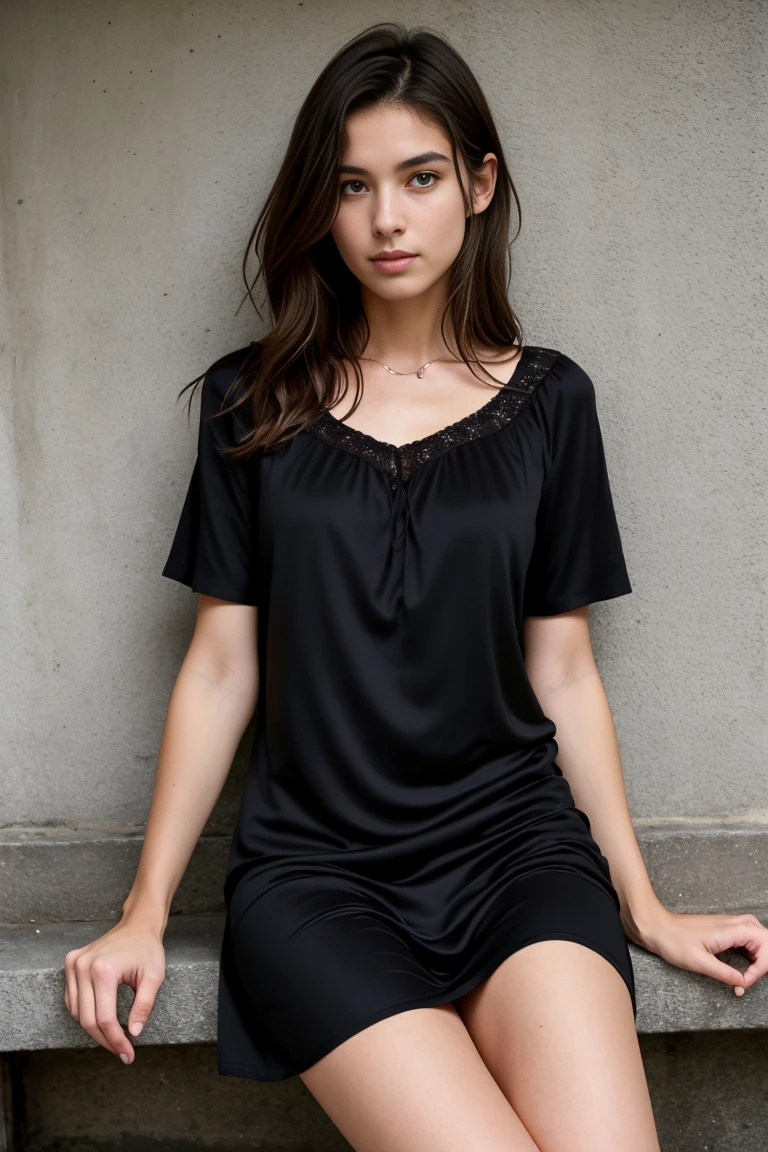 (best quality,realistic,ultra-detailed),a sexy and slim 18-year-old French brunette woman in black short sleeve nightdress, visible leg,sur un banc,