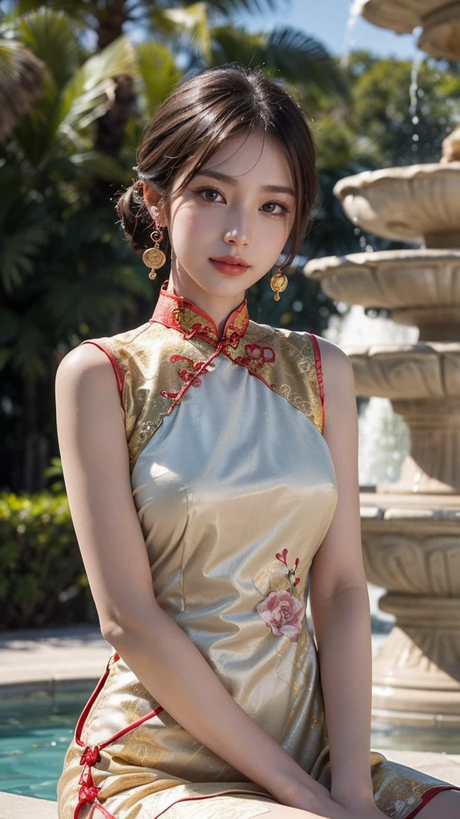Top-quality Realistic,Official art,Highly detailed CG Unity 8k wallpaper,ultra-detailliert,hight resolution,Physically-based rendering,Magnificat,finely detail,masterpiece,Best Quality,ultra detailed, Face Light,Mature beauty,Beautiful girl,1girl,moist lips,sexy lips,Sexy smile,Gentle smile, 20 years old, Beautiful bare skin,Smooth bare skin,(Beautiful and radiant skin), big well-shaped breasts, beautiful cleavage,beautiful Mature body,swept bangs,(Medium hair:1.3), beautiful detailed eyes,model shoot style,Japanese Idol, Full-body,((Sitting beside a large white marble fountain surrounded by tropical trees)),BREAK,(Sit on the edge of the fountain and dip your feet in the water:1.2),((Red and gold-embellishedRed Cheongsam from the Ming Dynasty:1.5)),BREAK,(Heart shaped necklace),(Triangle ornament earrings),BREAK,(upper body:1.3),looking up,from below,POV from below,gentle smile like a goddess, ((Extreme close-up)),((Splashing in the fountain)),((breast hold))