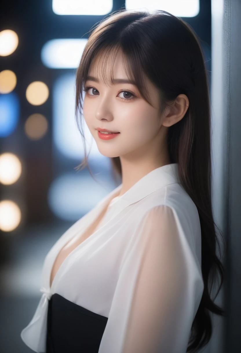 8K, Ultra-high resolution, Highest quality, masterpiece, 三分割法によるphotograph,Surreal, photograph, 1 girl, (16 years old:1.3), pretty girl, Cute face, Beautiful eyes in every detail, 細かくdetailedに,masterpiece,, One Girl:1.2, Japan Female Announcer,whole body,Young Wife, (night, (Neon Signs), (Blurred Background), ((See-through blouse)), (White blouse)), , Very slim, Black Pencil Skirt、Full of cleanliness,A carefree smile,Healing the heart,Semi-long layered hair,Looking at the audience、beauty,Long neck、Laugh a little、Please close your mouth and laugh、(((Ideal body type))),A-cup small breasts :2,、Portraiture:2、Perfect ???????、鮮明なdetailed、detailed、Surreal、Light and shadow,Strong light