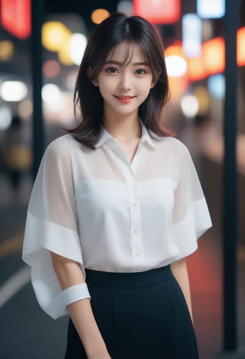 8K, Ultra-high resolution, Highest quality, masterpiece, 三分割法によるphotograph,Surreal, photograph, 1 girl, (16 years old:1.3), pretty girl, Cute face, Beautiful eyes in every detail, 細かくdetailedに,masterpiece,, One Girl:1.2, Japan Female Announcer,whole body,Young Wife, (night, (Neon Signs), (Blurred Background), ((See-through blouse)), (White blouse)), , Very slim, Black Pencil Skirt、Full of cleanliness,A carefree smile,Healing the heart,Semi-long layered hair,Looking at the audience、beauty,Long neck、Laugh a little、Please close your mouth and laugh、(((Ideal body type))),A-cup small breasts :2,、Portraiture:2、Perfect Anatomy、鮮明なdetailed、detailed、Surreal、Light and shadow,Strong light