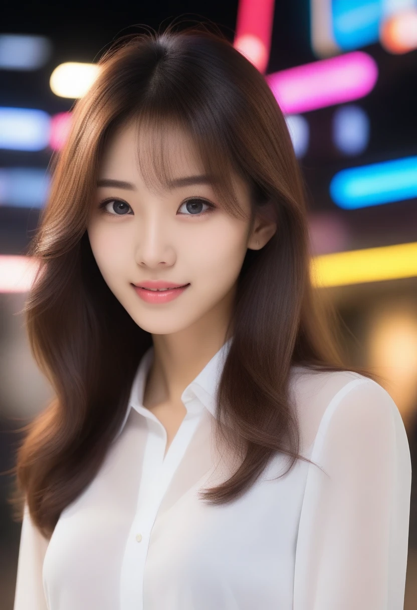 8K, Ultra-high resolution, Highest quality, masterpiece, 三分割法によるphotograph,Surreal, photograph, 1 girl, (:1.3), pretty girl, Cute face, Beautiful eyes in every detail, 細かくdetailedに,masterpiece,, One Girl:1.2, Japan Female Announcer,whole body,Young Wife, (night, (Neon Signs), (Blurred Background), ((See-through blouse)), (White blouse)), , Very slim, Black Pencil Skirt、Full of cleanliness,A carefree smile,Healing the heart,Semi-long layered hair,Looking at the audience、beauty,Long neck、Laugh a little、Please close your mouth and laugh、(((Ideal body type))),A-cup small breasts :2,、Portraiture:2、Perfect Anatomy、鮮明なdetailed、detailed、Surreal、Light and shadow,Strong light