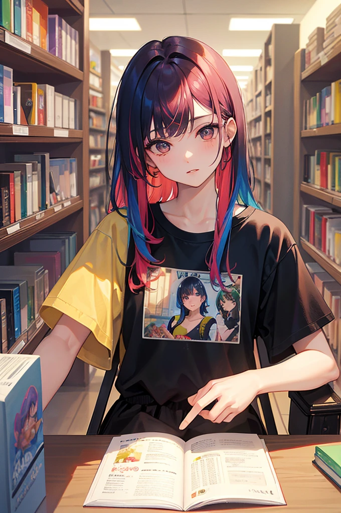 8K, Highest quality, masterpiece, Ultra-detailed、Rainbow colored hair、Colorful hair colors、Medium Hair、full lips、Brown eyes、18Year-old beauty、Portrait、library、Staring、T-Shirts、