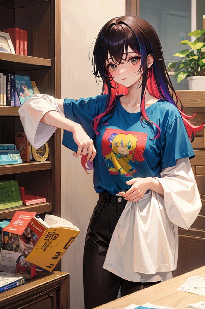 ８K, Highest quality, masterpiece, Ultra-detailed、Rainbow colored hair、Colorful hair colors、Medium Hair、full lips、Brown eyes、１８Year-old beauty、Portrait、library、Staring、T-Shirts、