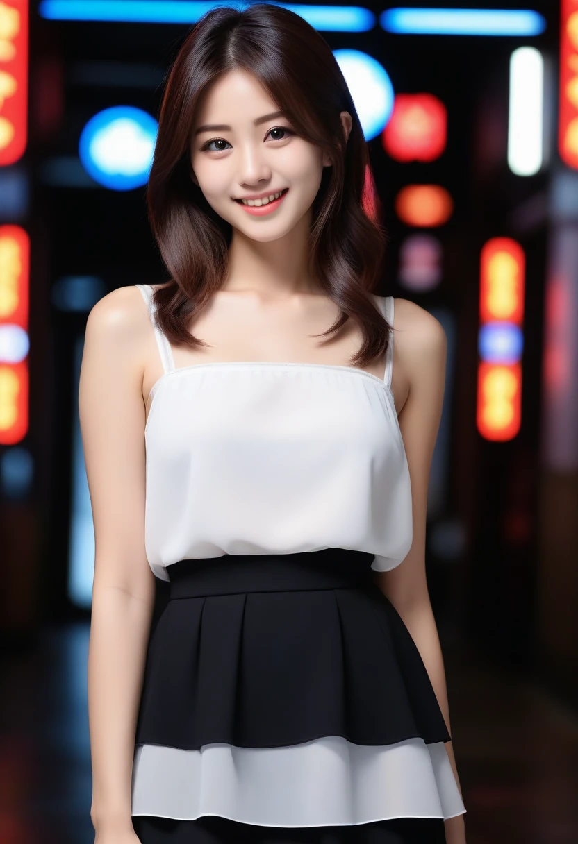 8K, Ultra-high resolution, Highest quality, masterpiece, 三分割法によるphotograph,Surreal, photograph, 1 girl, (16 years old:1.3), pretty girl, Cute face, Beautiful eyes in every detail, 細かくdetailedに,masterpiece,, One Girl:1.2, Japan Female Announcer,whole body,Young Wife, (night, (Neon Signs), (Blurred Background), ((See-through blouse)), (White blouse)), , Very slim, Black Pencil Skirt、Full of cleanliness,A carefree smile,Healing the heart,Semi-long layered hair,Looking at the audience、beauty,Long neck、Laugh a little、Please close your mouth and laugh、(((Ideal body type))),A-cup small breasts :2,、Portraiture:2、Perfect Anatomy、鮮明なdetailed、detailed、Surreal、Light and shadow,Strong light
