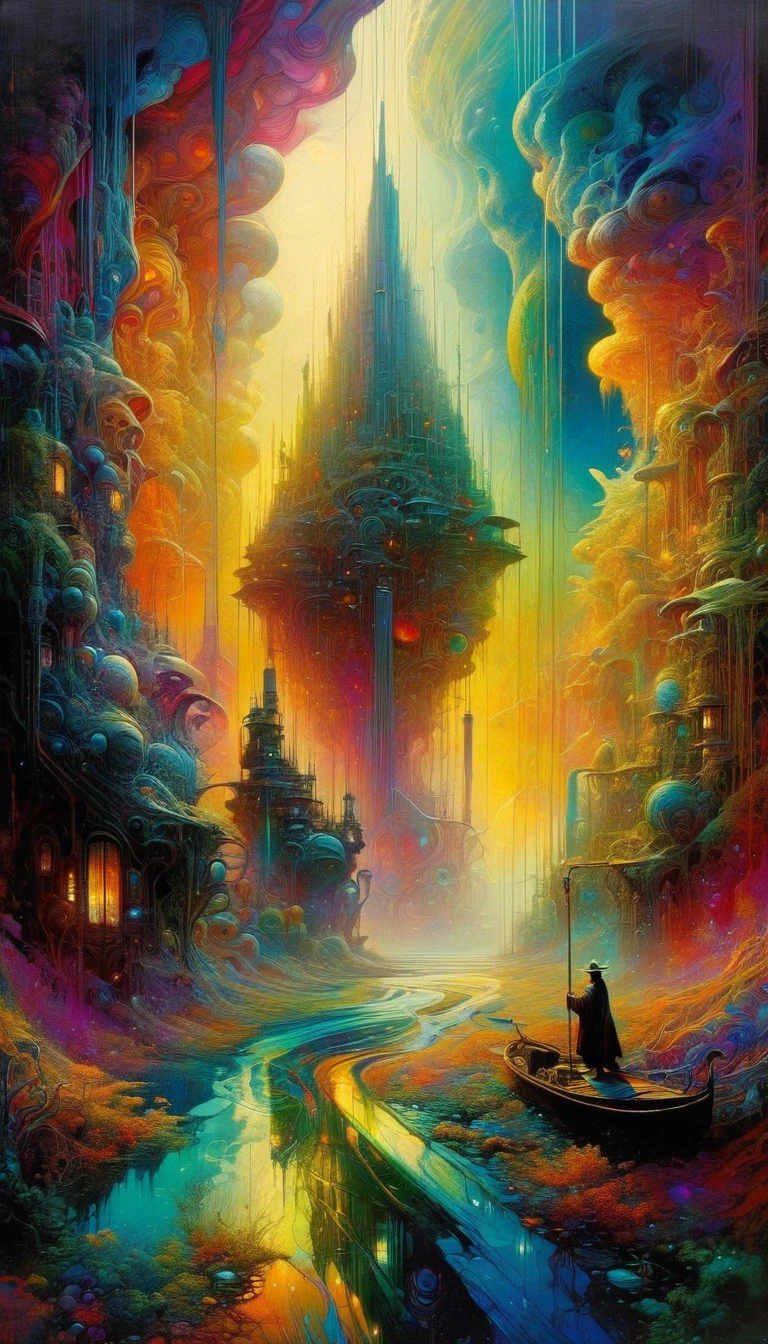 a highly detailed and intricate oil painting depicting an imaginative and surreal interpretation of the world, inspired by the distinctive artistic style of Bill Sienkiewicz, with vivid and striking colors, masterfully rendered textures and patterns, a sense of depth and dreamlike atmosphere, (best quality,4k,8k,highres,masterpiece:1.2),ultra-detailed,(realistic,photorealistic,photo-realistic:1.37),vibrant colors,dramatic lighting,surreal,psychedelic,abstract,organic shapes,complex compositions,chiaroscuro,Bill Sienkiewicz,oil painting