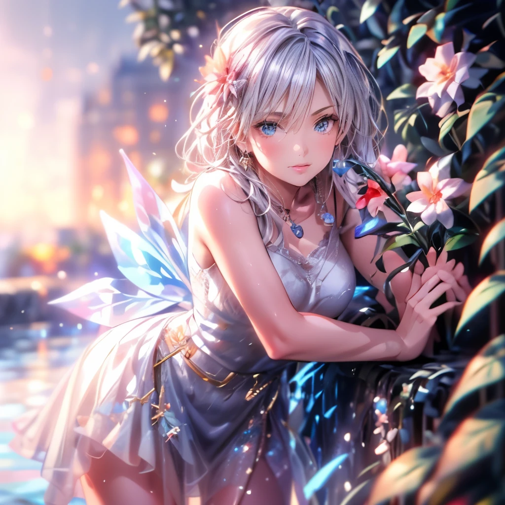 masterpiece: 1.2, High resolution,32k, Realistic: 1.37, Super detailed: 1.2, Flower Fairy, Crimson transparent dress (Flowing), Beautiful delicate(hair,face,eye,lips,thigh,Clothes),Delicate eyes,sparkling eye,brilliant rosy lips,Classical garden, Colorful flowers, Shower of light