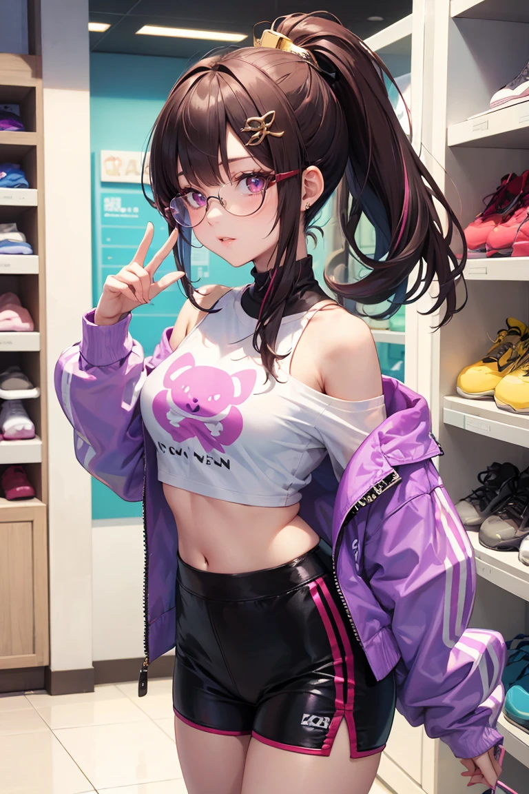 ((Masterpiece)), best quality, absurderes, ultra detailed, holographic, cowboy shot, golden ratio, super cute girl, mature girl, idol girl, super beautiful asian girl with very beautiful violet glowing eyes, glasses, beautiful glowing brown multicolored hair, high ponytail, nice and sexy body, slim body, perfect body, an anime printed super tight off shoulder long sleeve crop top, wearing super tight anime print shorts, a super aesthetic transparent mini jacket, beautiful hair ornament, sneakers, being photographed in a mall shop