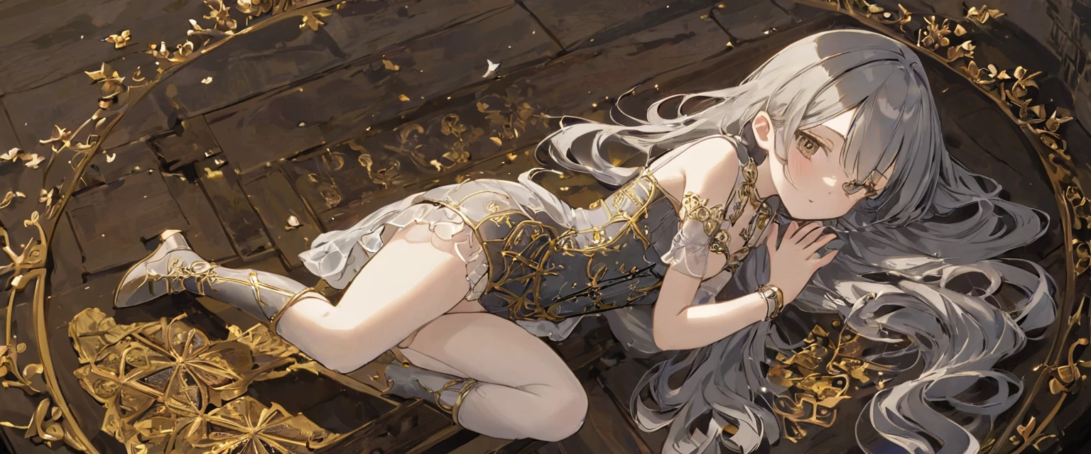1people、8 year old medieval girl, In underwear、Gold and silver thread embroidery、Knee-length semi-transparent bloomers(Drawers)Wearing、Wearing a semi-transparent corset、Translucent slip, Grey translucent tights、sleep