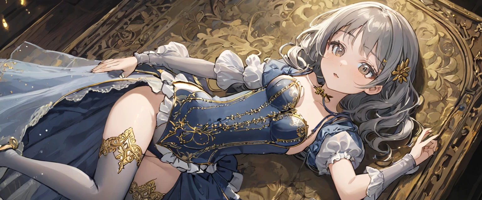 1people、8 year old medieval girl, In underwear、Gold and silver thread embroidery、Knee-length semi-transparent bloomers(Drawers)Wearing、Wearing a semi-transparent corset、Translucent slip, Grey translucent tights、sleep