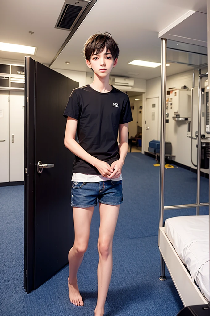 A skinny 16 year old boy in just shorts on the ship