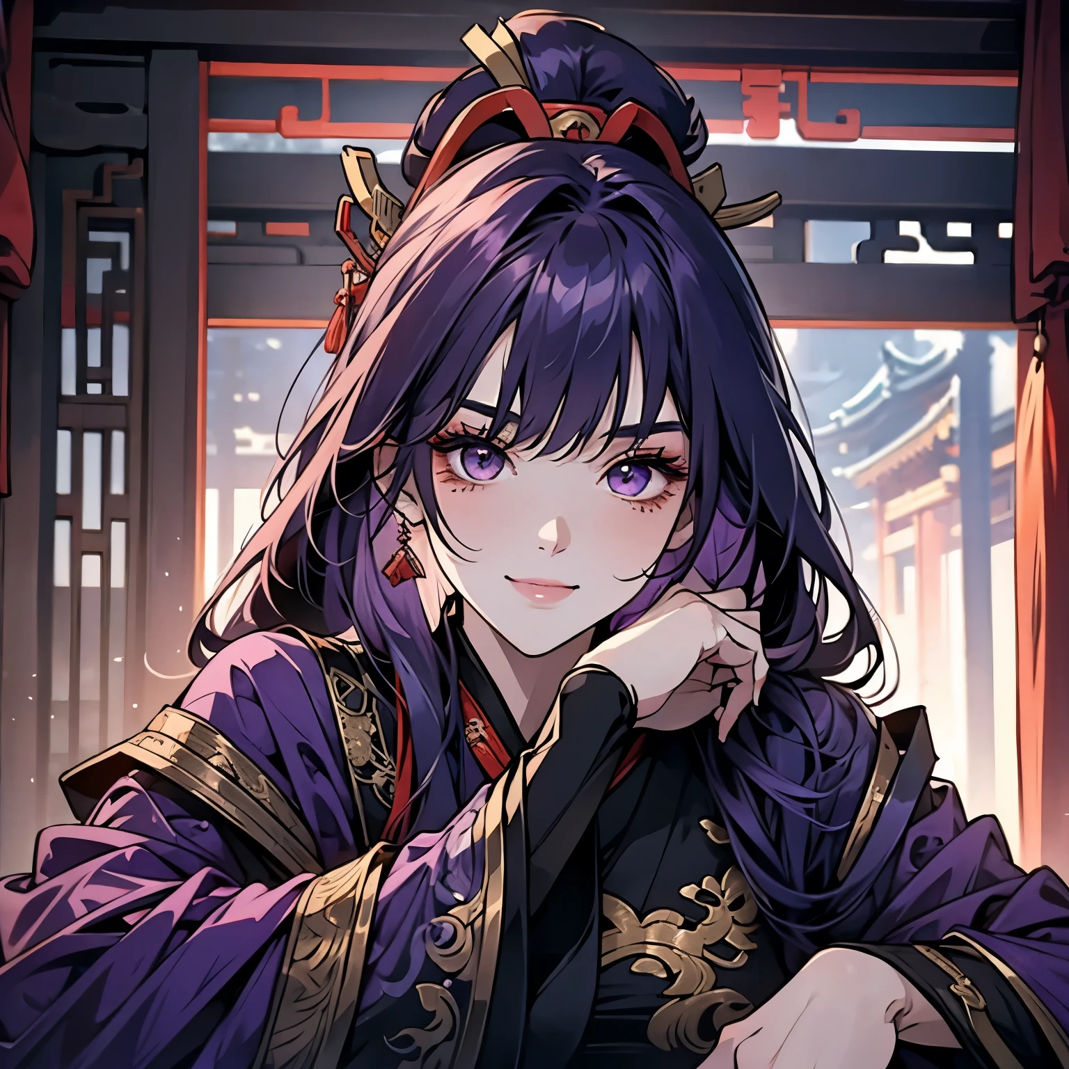 1 women, Raiden Shogun - genshin impact, long purple hair, violet eyes, violet chinese clothes, ultra long skirt, traditional chinese room, smile, portrait