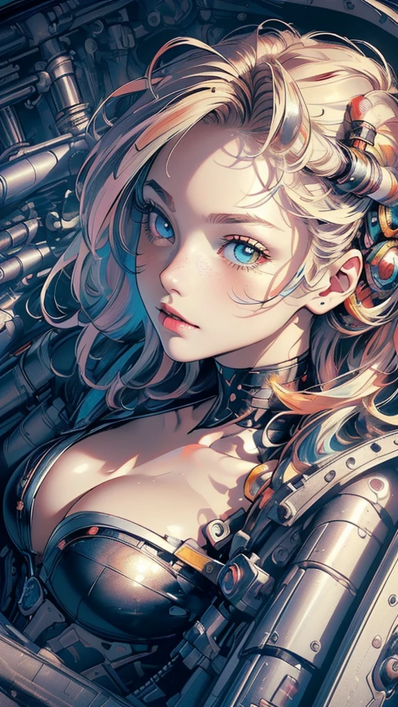 (((masterpiece, highest quality))),(((solo:1.2))),(((1girl:1.2))),32k wallpaper, very detailed,(((((portfolio))))),(((((Close-up))))),(((((bust up))))),((((((more various angle)))))),(((highlight))),((((heterochromia)))),(((complete. detailed face))),((((Extremely talented)))),(((((most complicated machine))))),(((genius mechanic))),((Overall colorfully)),(((cyborg))),(((cleavage)))