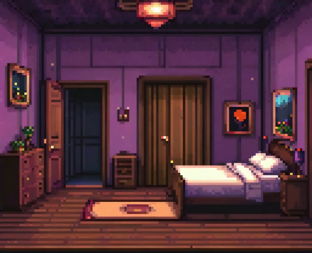 There are pixel graphics of Room wมันh doors, bed, Room,darkๆ,Scary,It's easy..dark,Looks scary.
