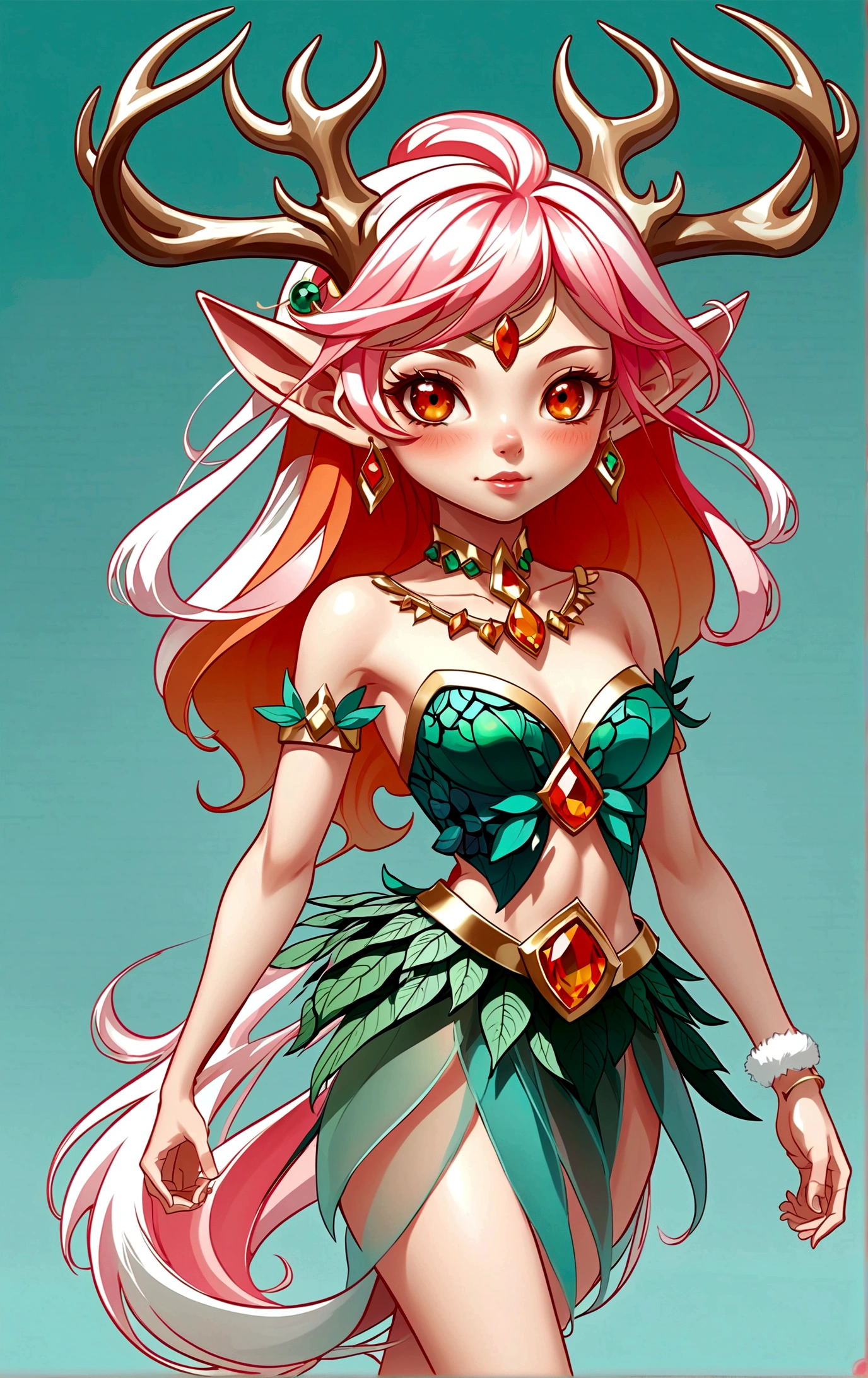 game character,Cartoon anime style,beautiful girl,Fluffy pink hair,Pink Eyes,antlers,Elf ears,Orange tulle short skirt,Metal gem-encrusted scepter,Slender legs,Standing barefoot,Bells on anklets。(((Correct human anatomy))),White background