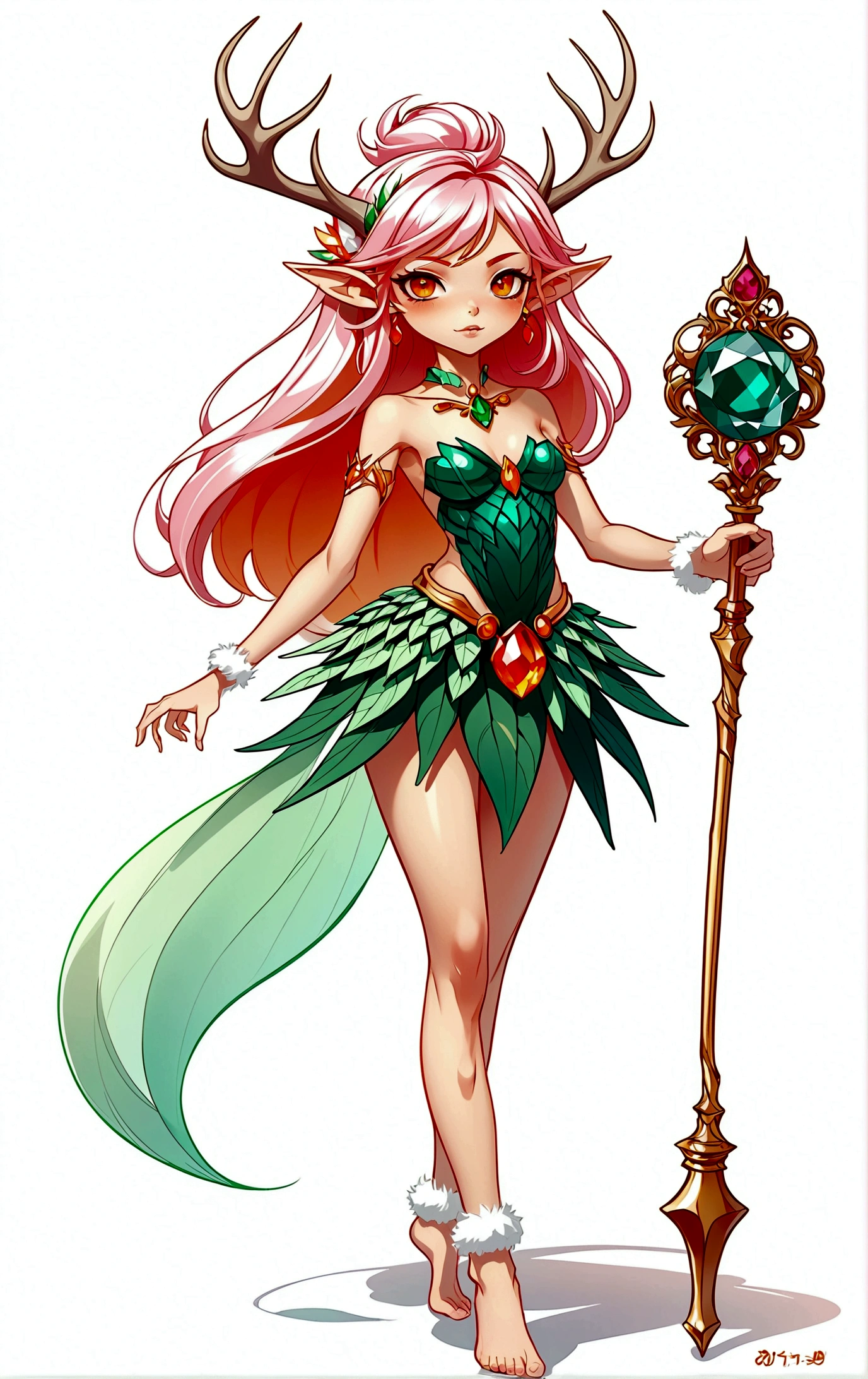 game character,Cartoon anime style,beautiful girl,Fluffy pink hair,Pink Eyes,antlers,Elf ears,Orange tulle short skirt,Metal gem-encrusted scepter,Slender legs,Standing barefoot,Bells on anklets。(((Correct human anatomy))),White background