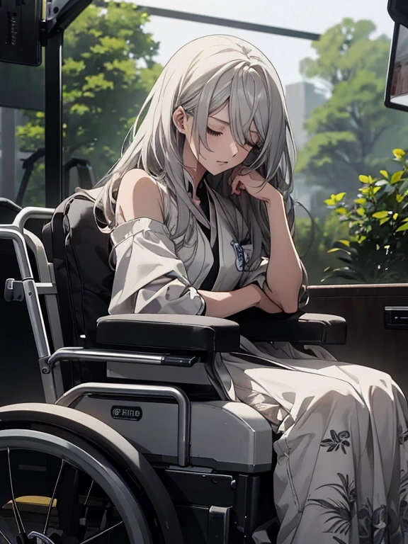 (Confused, High resolution, Very detailed), 1 female, Silver Hair,Long Hair,,White patient gown,,Appearance of the injury,24th generation,beauty,mature,thin,quiet,Calm,Sitting in a medical wheelchair,右腕にbandageをしている,hospital,I was injured,bandage,tired,Malaise,Malaise困憊,decoction,車いすの背凭れに後頭部を預けてSleep,Sleep,Sitting