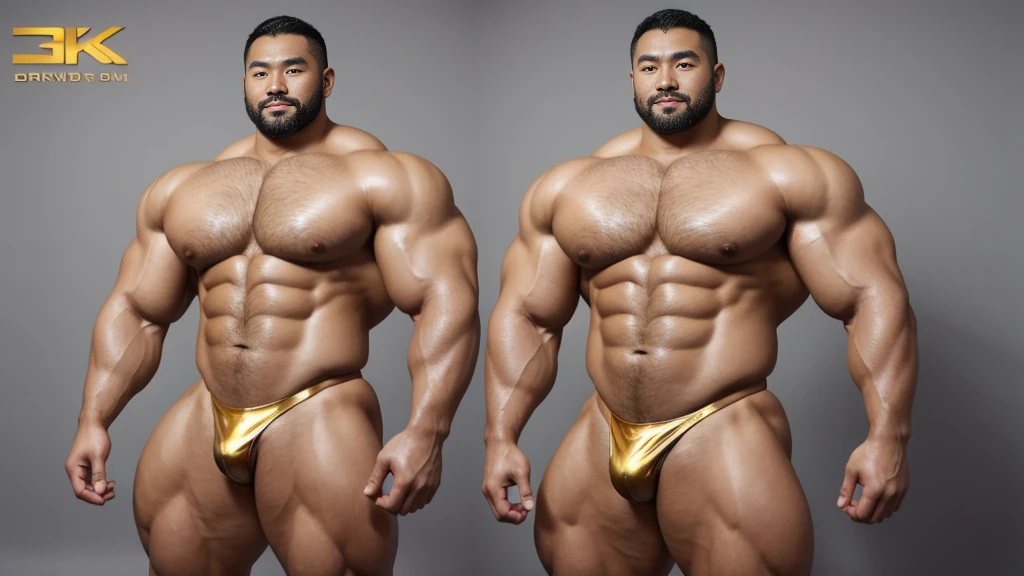 A Chinese bodybuilder,35 years old,Tall and handsome, Toned body,short hair, O-Shaped Beard,Perfect body, Dark and shiny skin,Smooth skin,The body is hairless,Muscle bulge, Muscular, Very large pectoral muscles,Very sexy abdominal muscles,Very well-developed leg muscles,Huge concave and convex area,Brightens oily skin,Wearing a gold leather shiny thong,Handsome face, Correct and accurate male body proportions,Muscular,Standing in front of gray background,Ultra-high-definition 4K picture quality。