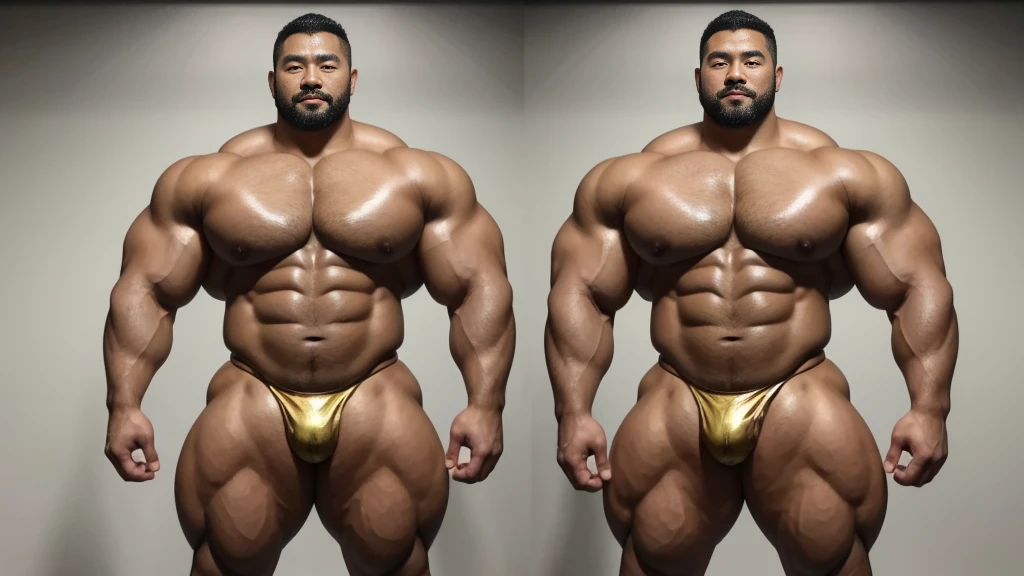 A Chinese bodybuilder,35 years old,Tall and handsome, Toned body,short hair, O-Shaped Beard,Perfect body, Dark and shiny skin,Smooth skin,The body is hairless,Muscle bulge, Muscular, Very large pectoral muscles,Very sexy abdominal muscles,Very well-developed leg muscles,Huge concave and convex area,Brightens oily skin,Wearing a gold leather shiny thong,Handsome face, Correct and accurate male body proportions,Muscular,Standing in front of gray background,Ultra-high-definition 4K picture quality。