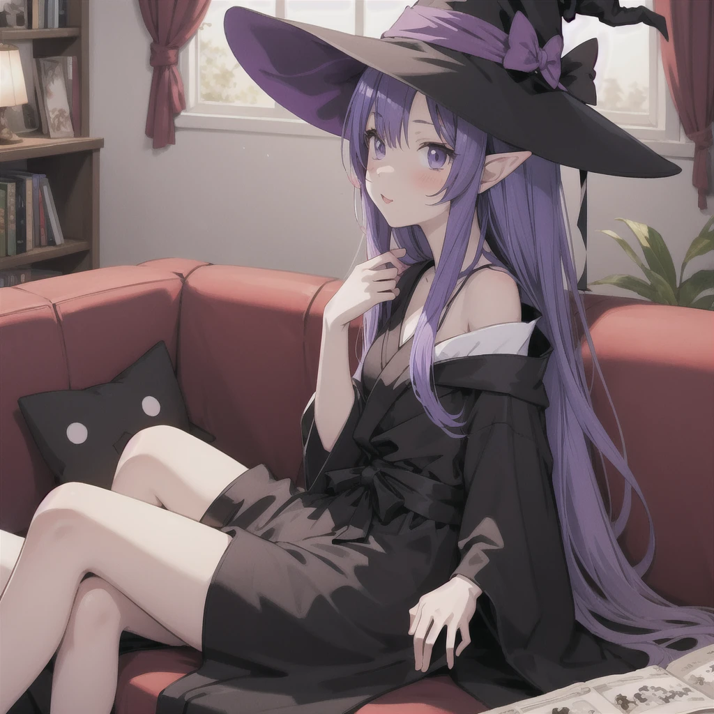 anime girl long purple hair wearing a black Robe. she has pointy ears. Witch Hat. Manga kawaii. iridescent ,An illustration, Sit on the sofa,One person