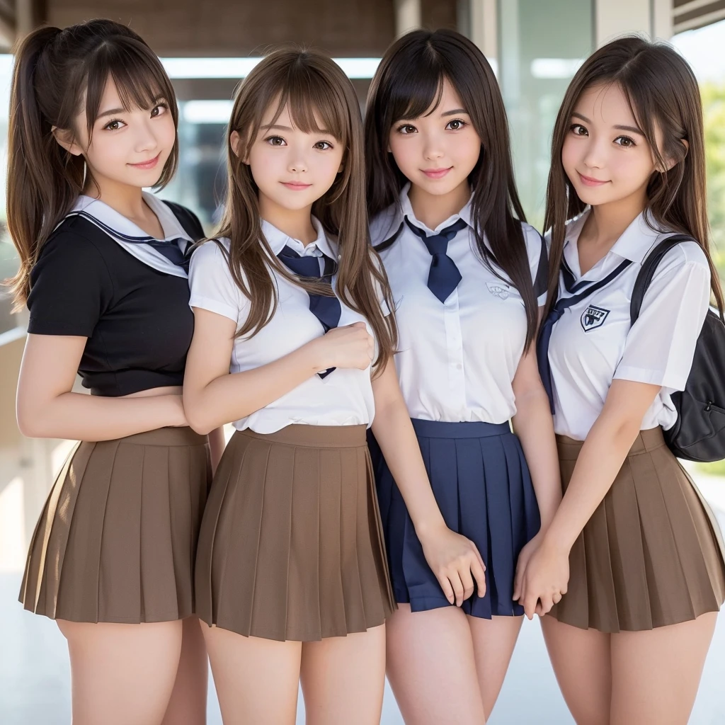 Browsing Caution:0.99, ((masterpiece)), ((Highest quality)), (Very detailed), ((cute)), cute, ((Girls who love to show off their panties)), ((sexy)), (device), ((Very detailed)), 4K, (8K), Highest quality, (beautiful), hyper cute face, shape, Anime Style,hyper Genuine, Genuine, Dynamic Angle, ((whole body)), close, Thick outline, Clear contours, at school, (Three Girls, 3 cute girls:1.5), (Schoolgirl skirt:1.5), (Upper body naked)、(beautiful light brown hair, beautiful brown eyes, ((beautiful eyes)), (Bring your cheeks together:1.5), short hair, Big Breasts, smile、((((beautiful太もも))))、too short pleated skirt:1.3、NFSW