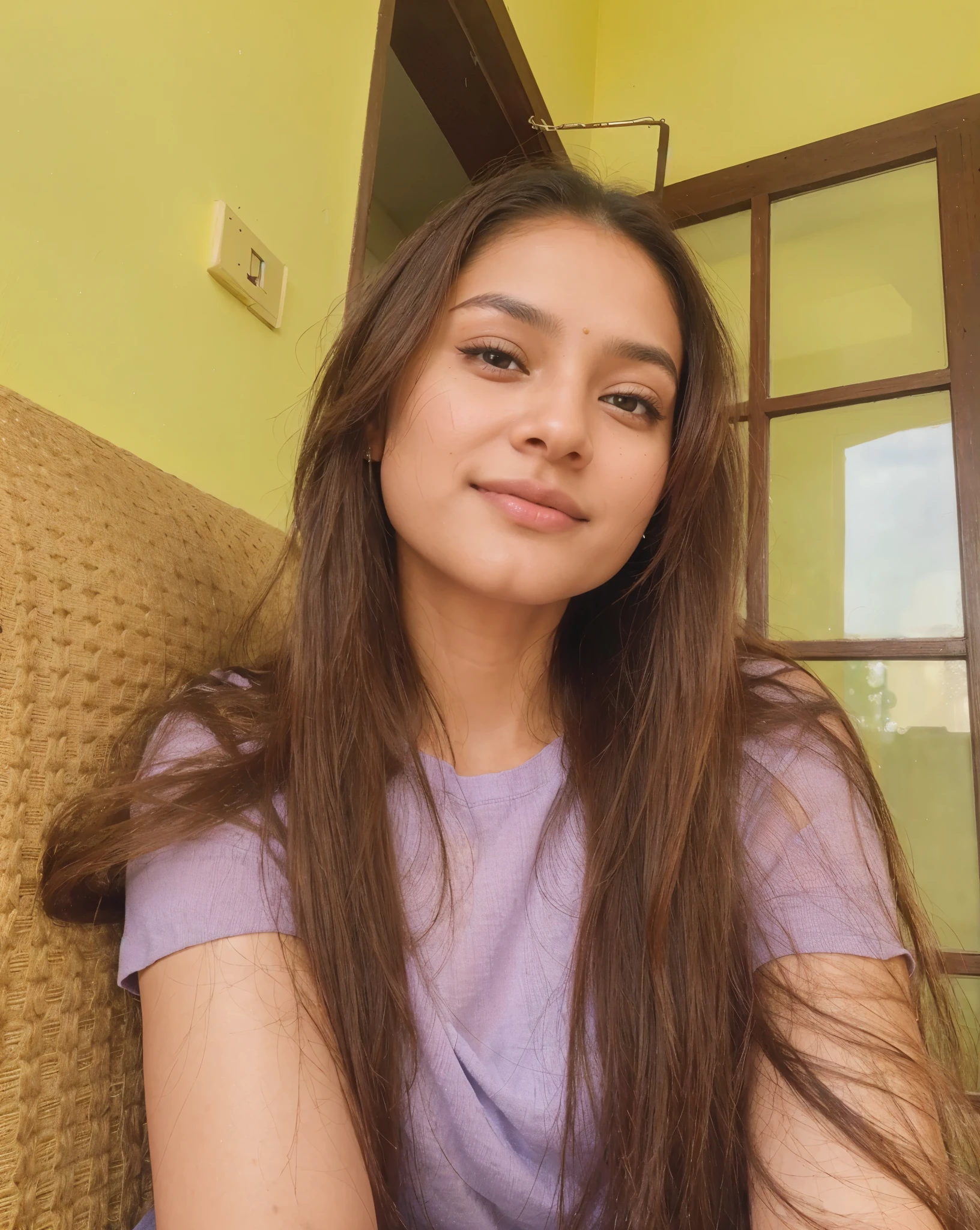 Beautiful ,23 years young Indian girl healthy, confidential looking,8k,realistic, raw photo,dark brown hair,fair skin, indian,long hair,clear facial features,, very detailed, 23years old, innocent face, natural wavy hair, high resolution, masterpiece, best quality, intricate details, highly detailed, sharp focus, detailed skin, realistic skin texture, texture, detailed eyes, professional, 4k, charming smile, shot on Canon, 85mm, shallow depth of field, kodak vision color, perfect fit body, extremely detailed, foto_\(ultra\), photorealistic, realistic, post-processing, maximum detail, roughness, real life, ultra realistic, photorealism, photography, 8k uhd, photography