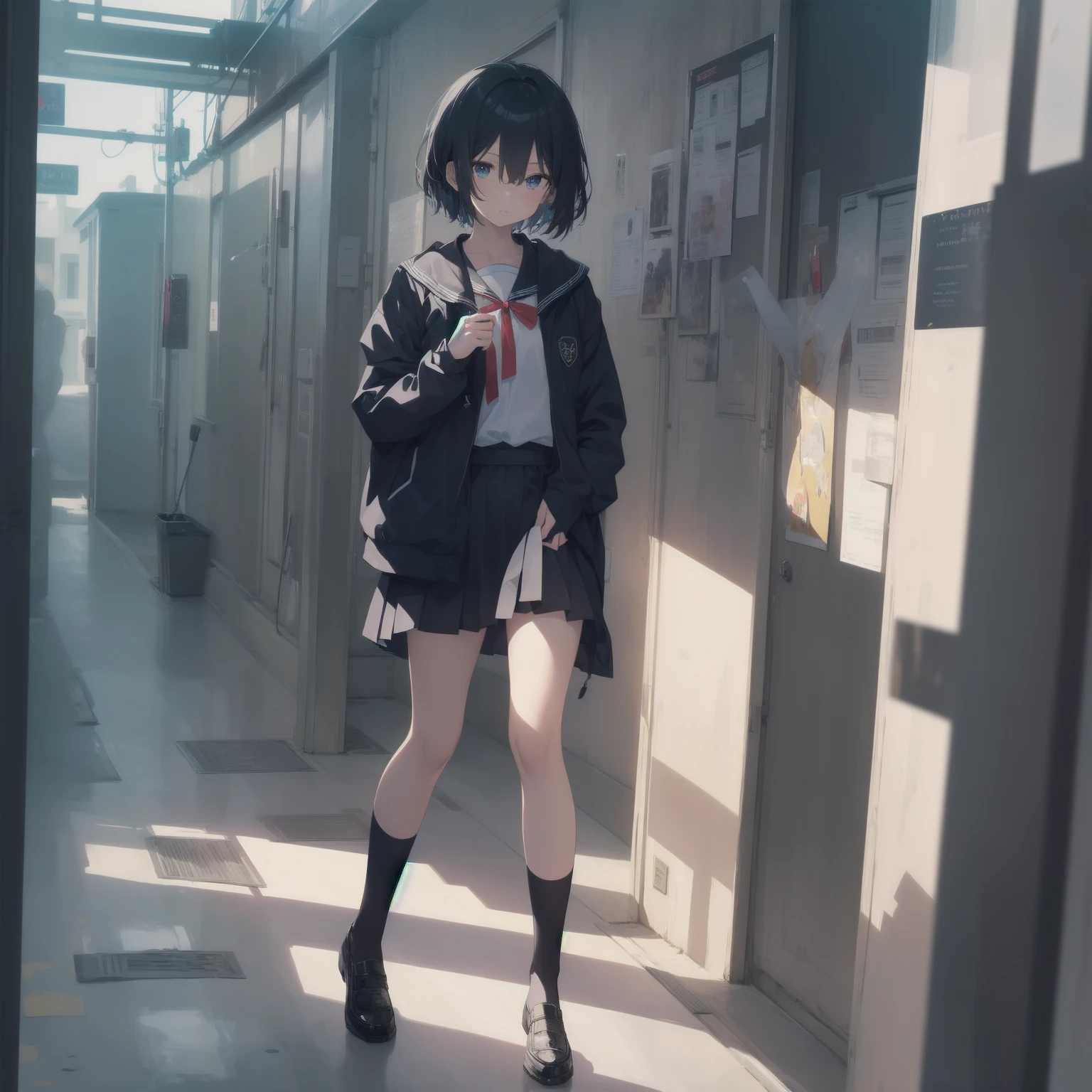 ultra-absurdres-Top quality by artist God, ultra-detailed, high resolution, anime moe artstyle, best anime 8k konachan wallpaper, pixiv contest winner, pool:2810, perfect anatomy,break, 1girl, (Please draw a girl walking sleepily to school alone. )break,(Solo,little female, 13-year-old:1.3),Full limbs, complete fingers,a junior high school student, (very short hair), short cut, flat chest, , small butt, small black eyes, beautiful detailed eyes, well-proportioned iris and pupils, expressive eyes, highres detailed hair, soft expression, salor school_uniform, sailor collar, serahuku, bow, pleated skirt,(Detailed Lighting), (Detailed background), in the School commute route. break,super detailed skin, Best cinematic lighting powered by famous artist, 8k,beauty illustration,photoshop_(medium),very aesthetic,break,((artist:wa_(genryusui) )), artist:clamp ,artist:carnelian ,artist:kantoku ,