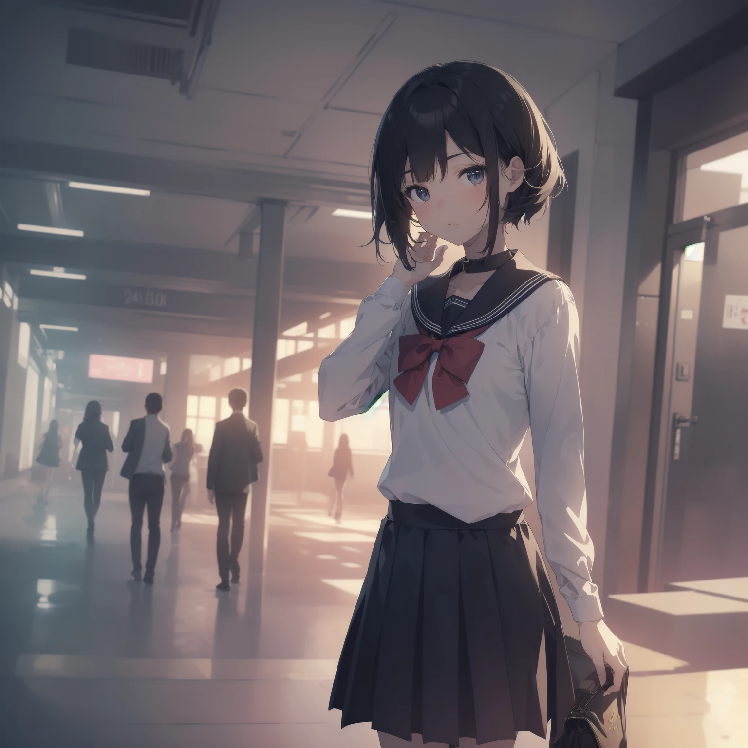 ultra-absurdres-Top quality by artist God, ultra-detailed, high resolution, anime moe artstyle, best anime 8k konachan wallpaper, pixiv contest winner, pool:2810, perfect ???????,break, 1girl, (Please draw a girl walking sleepily to school alone. )break,(Solo,little female, 13-year-old:1.3),Full limbs, complete fingers,a junior high school student, (very short hair), short cut, flat ?????, , small ????, small black eyes, beautiful detailed eyes, well-proportioned iris and pupils, expressive eyes, highres detailed hair, soft expression, salor school_uniform, sailor collar, serahuku, bow, pleated skirt,(Detailed Lighting), (Detailed background), in the School commute route. break,super detailed skin, Best cinematic lighting powered by famous artist, 8k,beauty illustration,photoshop_(medium),very aesthetic,break,((artist:wa_(genryusui) )), artist:clamp ,artist:carnelian ,artist:kantoku ,
