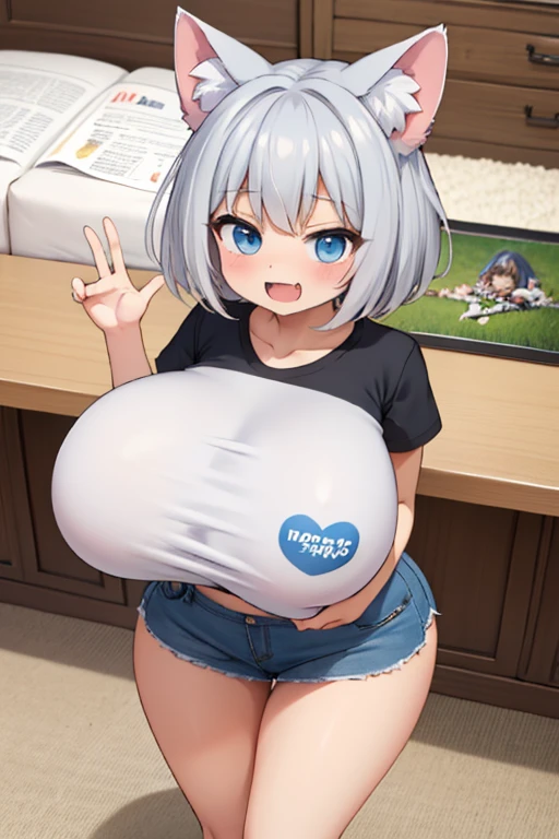 (masterpiece, best quality),solo, looking at viewer,stylish angle,active pose hana,blush,short gray hair,large breasts,white print Tshirt,blue miniskirt,evil smile,comic,manga,fang,open mouth,annoying,game center,looking up,from above,