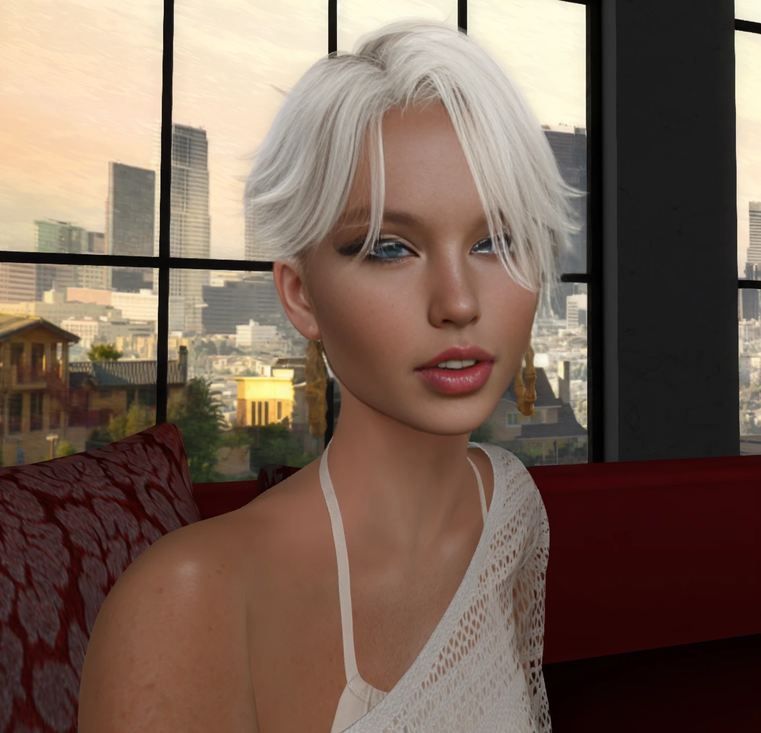 blond woman with white hair and green eyes sitting on a couch, second life avatar, glamor profile pose, sultry expression