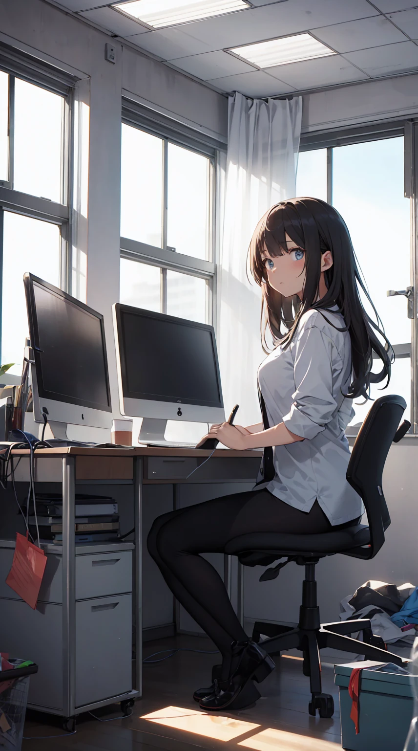 This illustration depicts a cute girl working in an office in a high-rise building, at a moment when she is tired of the situation. She is working on her laptop and is facing the monitor. His eyes are shining. Inside the room are piles of documents, an office desk and chair, a monitor, etc. However, the most notable thing is the "final mysterious high-energy body" she emits. This energy body is released from her body and has the power to obliterate the garbage in the room. emits a pale, white light that reaches every corner of the room. The view from the window is a night view. A girl with a satisfied expression is sitting.(night)