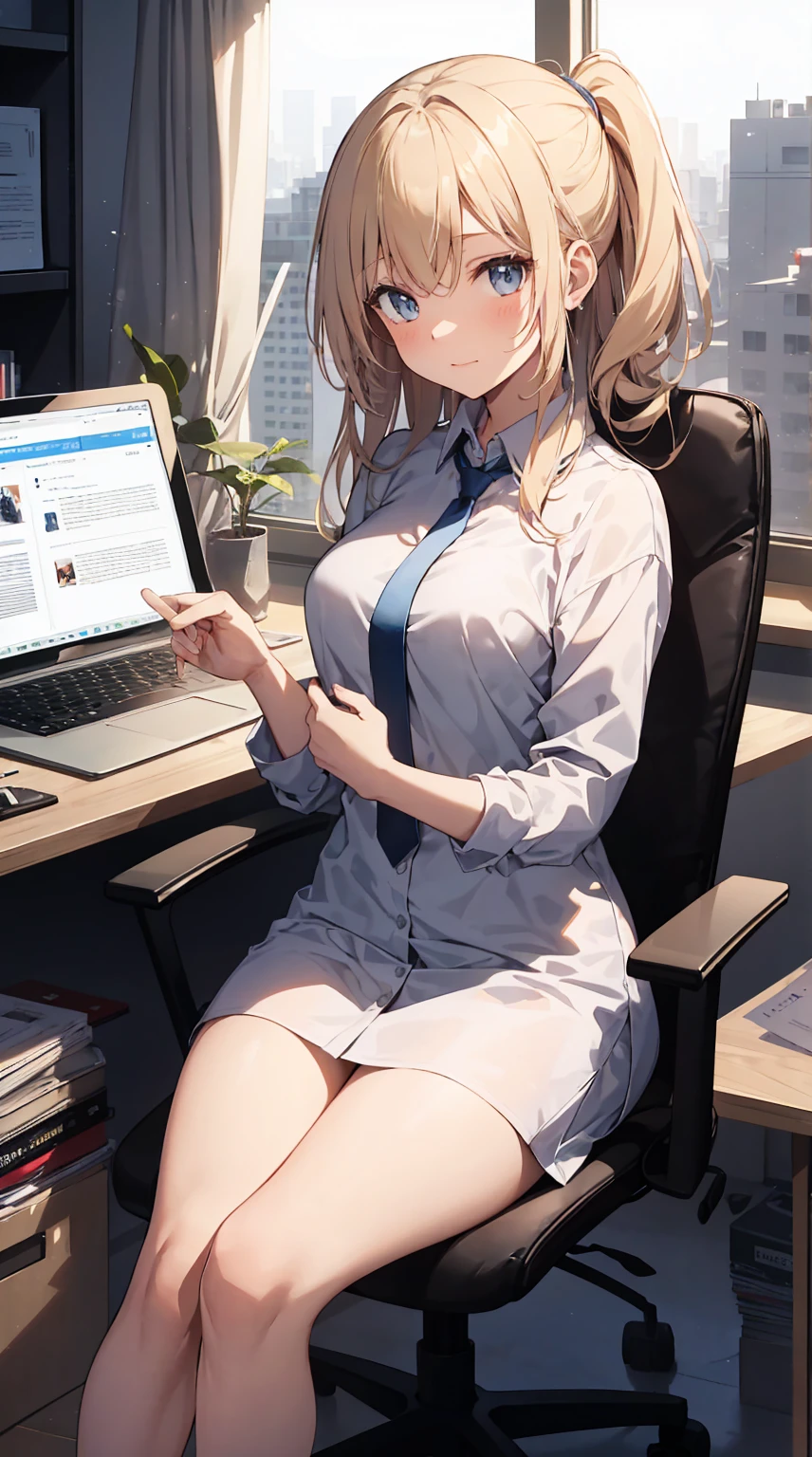 This illustration depicts a cute girl working in an office in a high-rise building, at a moment when she is tired of the situation. She is working on her laptop and is facing the monitor. His eyes are shining. Inside the room are piles of documents, an office desk and chair, a monitor, etc. However, the most notable thing is the "final mysterious high-energy body" she emits. This energy body is released from her body and has the power to obliterate the garbage in the room. emits a pale, white light that reaches every corner of the room. The view from the window is a night view. A girl with a satisfied expression is sitting.(night)