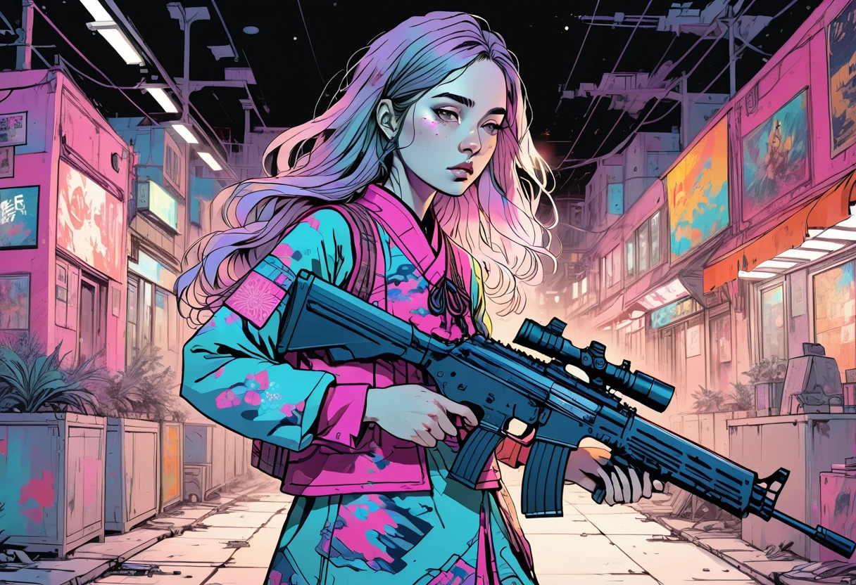 Young beautiful woman_Focused,Robot with long flowing hair(Night camouflage_Chinese Clothing:1.9),(assault rifle high speed shooting:1.7),(motion blur effect:1.5),Chaos in the casino,crazy,destroy,(Best quality,4K,8K,high resolution,masterpiece:1.2),Ultra Detailed,(reality,reality感,reality感:1.37),Detailed facial features,Intricate clothing patterns,Striking pose,Dramatic lighting,Film composition,Vibrant colors,And the dystopian atmosphere,