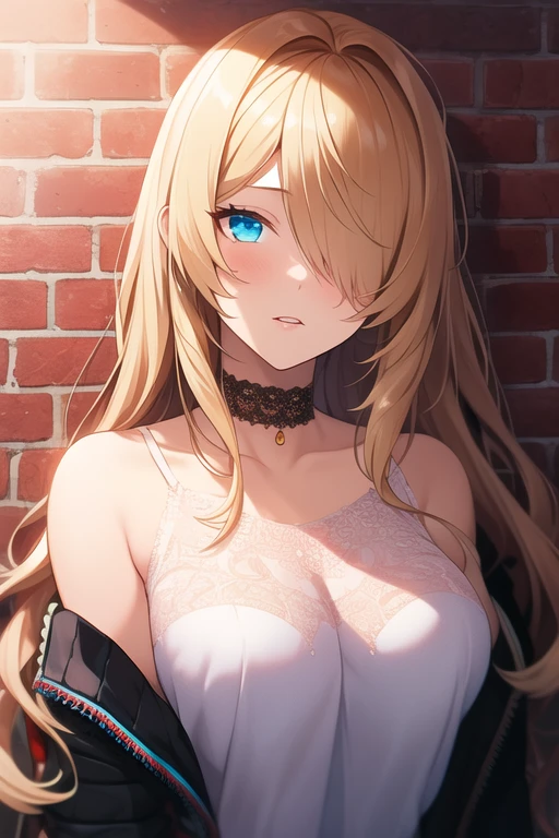 ultra realistic 8k cg, masterpiece, ((ultra detailed background, delicate pattern, intricate detail)), best quality, intricate details, chromatic aberration, 1girl, long hair, golden hair, messy hair, red highlights, hair over one eye, sharp eyes, choker, brick wall, graffiti, dim lighting, alley, oversized shirt,off shoulder,  white shirt, Masterpiece, best quality