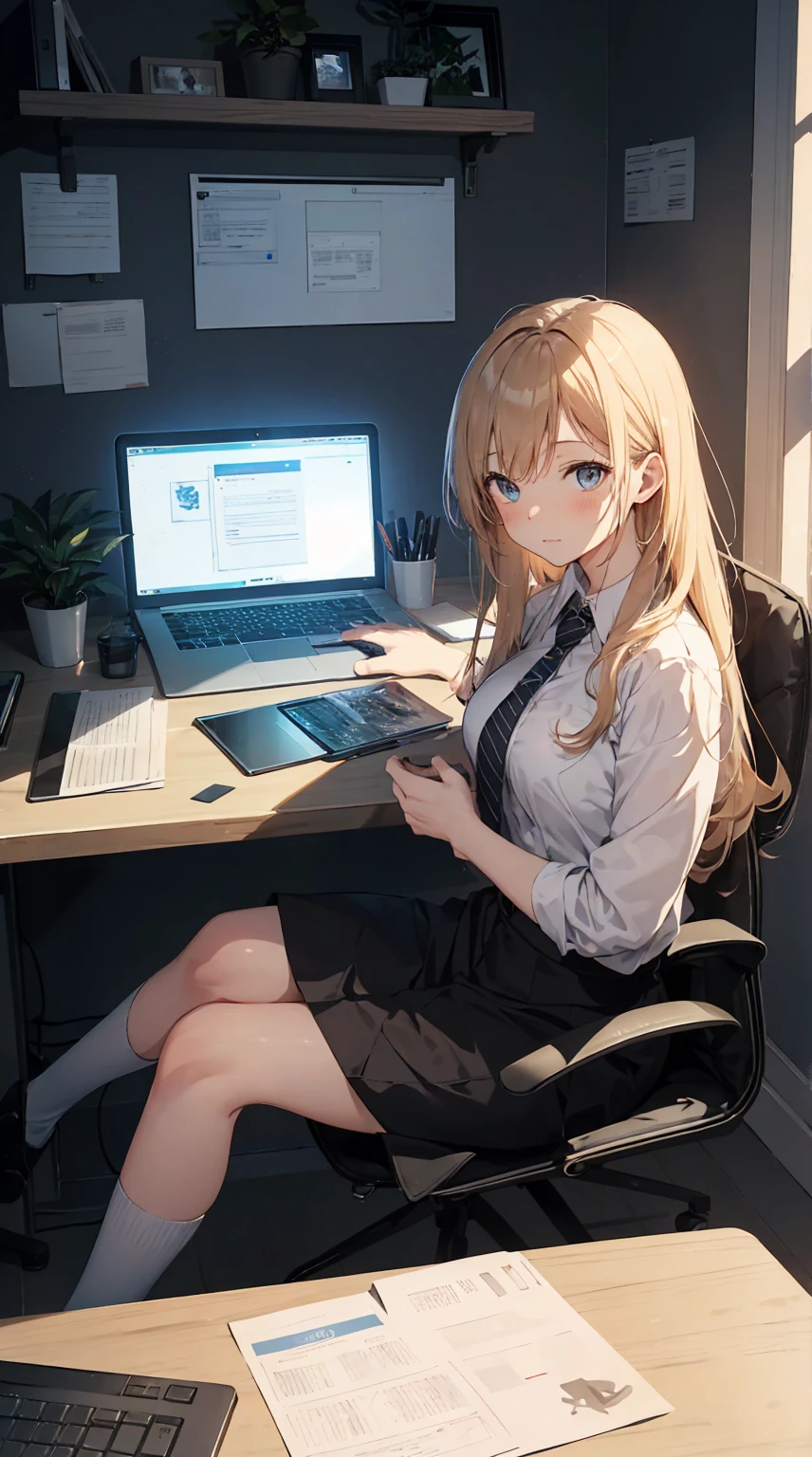 This illustration depicts a cute girl working in an office in a high-rise building, at a moment when she is tired of the situation. She is working on her laptop and is facing the monitor. His eyes are shining. Inside the room are piles of documents, an office desk and chair, a monitor, etc. However, the most notable thing is the "final mysterious high-energy body" she emits. This energy body is released from her body and has the power to obliterate the garbage in the room. emits a pale, white light that reaches every corner of the room. The view from the window is a night view. A girl with a satisfied expression is sitting.(night)
