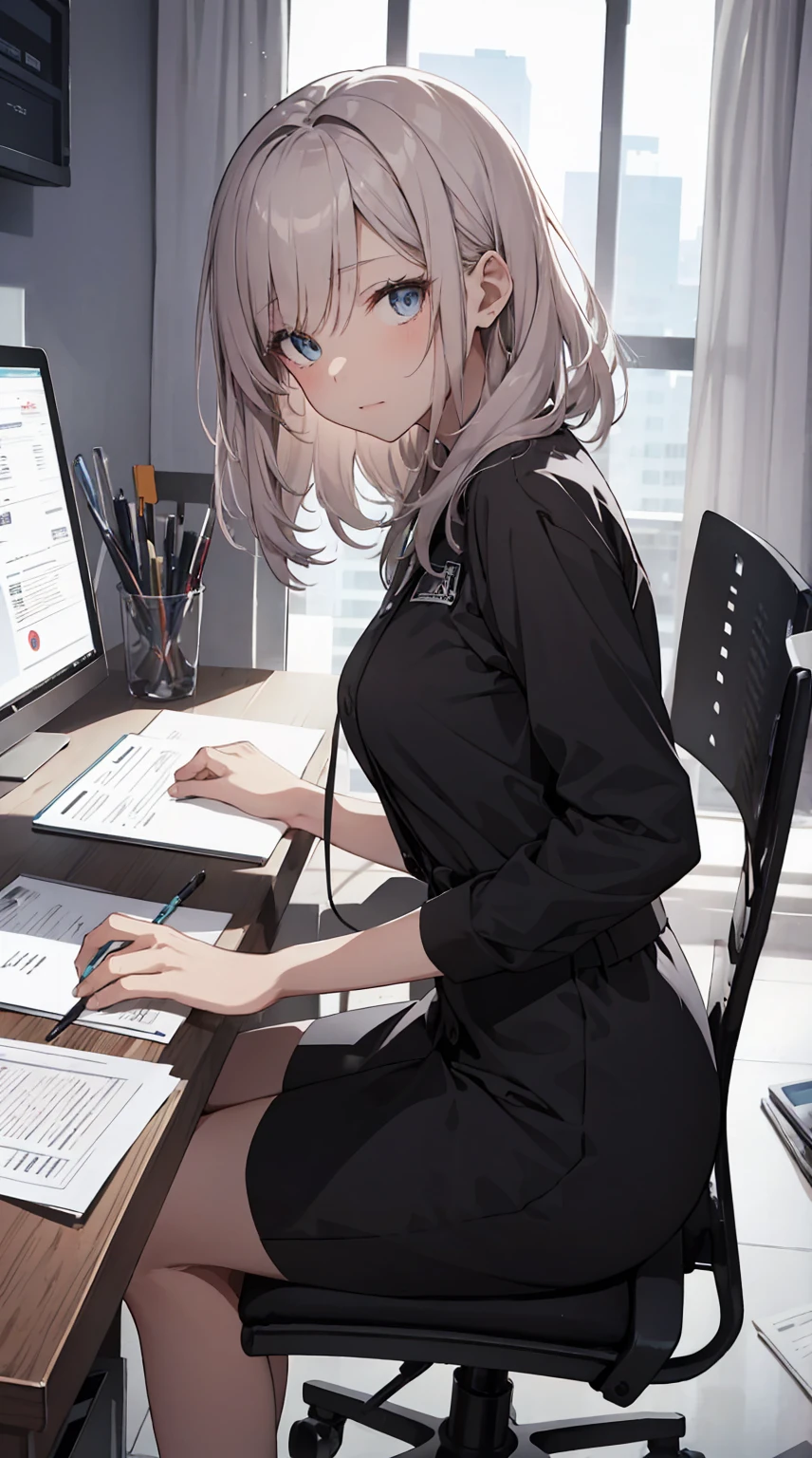 This illustration depicts a cute girl working in an office in a high-rise building, at a moment when she is tired of the situation. She is working on her laptop and is facing the monitor. His eyes are shining. Inside the room are piles of documents, an office desk and chair, a monitor, etc. However, the most notable thing is the "final mysterious high-energy body" she emits. This energy body is released from her body and has the power to obliterate the garbage in the room. emits a pale, white light that reaches every corner of the room. The view from the window is a night view. A girl with a satisfied expression is sitting.(night)
