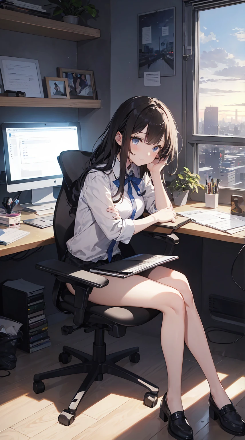 This illustration depicts a cute girl working in an office in a high-rise building, at a moment when she is tired of the situation. She is working on her laptop and is facing the monitor. His eyes are shining. Inside the room are piles of documents, an office desk and chair, a monitor, etc. However, the most notable thing is the "final mysterious high-energy body" she emits. This energy body is released from her body and has the power to obliterate the garbage in the room. emits a pale, white light that reaches every corner of the room. The view from the window is a night view. A girl with a satisfied expression is sitting.(night)