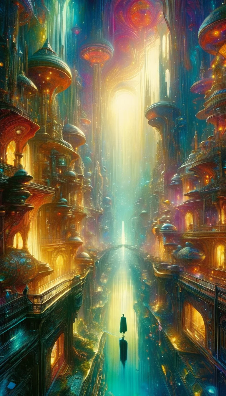 A detailed, fantastical world inspired by the artwork of Bill Sienkiewicz, vibrant colors, intricate details, oil painting, cinematic lighting, dreamlike atmosphere, surreal elements, complex compositions, bold brushstrokes, masterful technique, photorealistic quality, stunning depth of field, exquisite textures, dramatic shadows and highlights, visionary science fiction, imaginative landscapes, otherworldly creatures, cinematic framing, captivating narratives, awe-inspiring scale, profound emotional impact, best quality, 8k, ultra-detailed, realistic, photo-realistic, HDR, studio lighting, physically-based rendering, professional, vivid colors, bokeh