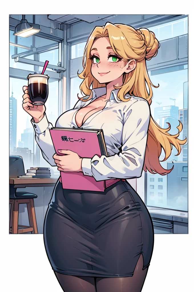 ((art by Kipteitei)), ((Masterpiece, best quality, perfect lighting, amazing shading)), (perfect anatomy, realistic proportions), field of depth, extremely beautiful, detailed face, ultra cute face, cute, blond hair, long wavy hair, messy bun, green eyes, pencil skirt, dress shirt, cleavage, holding coffee, holding pink notebook, smile, fancy office with lots of windows, detailed background