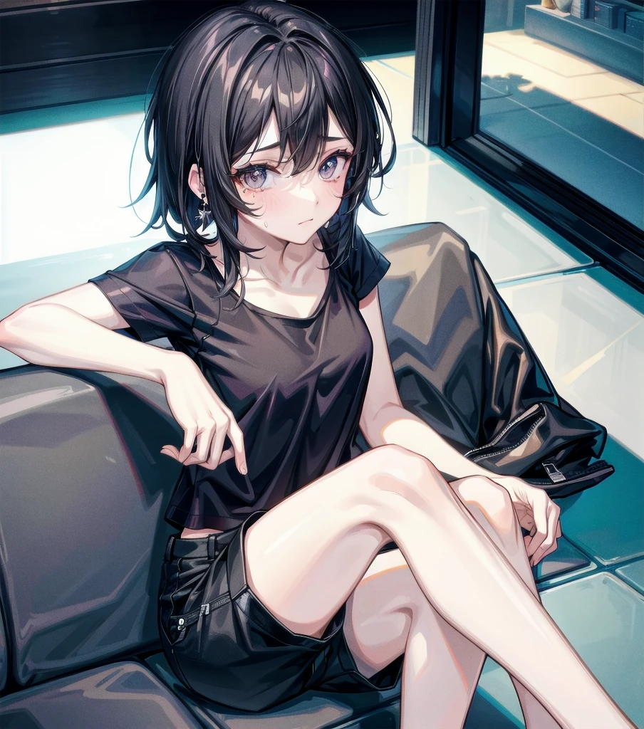 whole body, solo, alone, delicate facial features, medium tits, medium hair, black hair, tearful mole, earring, tank top shirt, cargo pants, shorts,