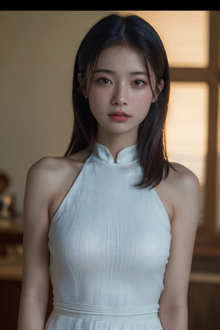(Highest quality:1.4),(masterpiece:1.4),(Realistic:1.4),(Realistic:1.2),(超High resolution, RAW Photos:1.4),(High resolution, Ultra-detailed:1.2),(8K:1.2),Movie Photos,a photo of a dark-haired,One girl,alone,wear ,((China dress))、((Upper Body:1.3))