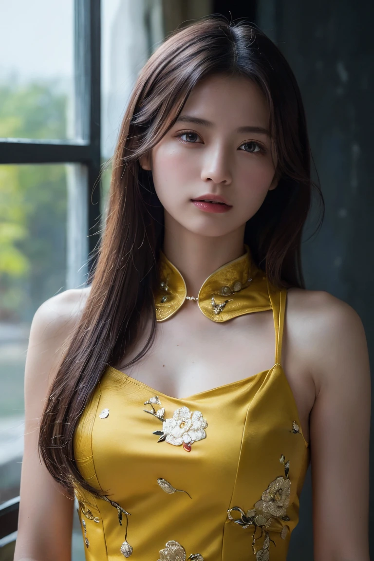 (Highest quality:1.4),(masterpiece:1.4),(Realistic:1.4),(Realistic:1.2),(超High resolution, RAW Photos:1.4),(High resolution, Ultra-detailed:1.2),(8K:1.2),Movie Photos,a photo of a dark-haired,One girl,alone,wear ,((China dress))、((Upper Body:1.3))