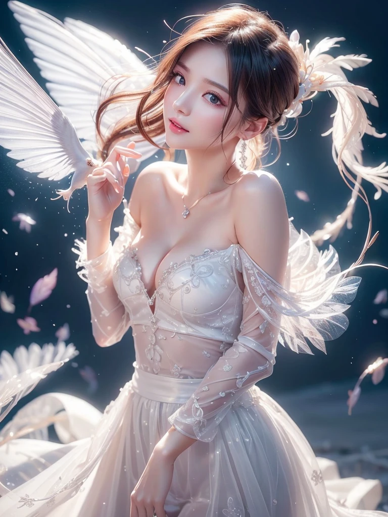 White Background、Professional Lighting、(((Professional Lighting 1.5)))、Translucent skin texture、Beautiful Skin、Beautiful Skin、、Off the shoulder、White Dress、See-through、fluttering feathers、Ecstasy of Musical Notes、(())、Face close-up