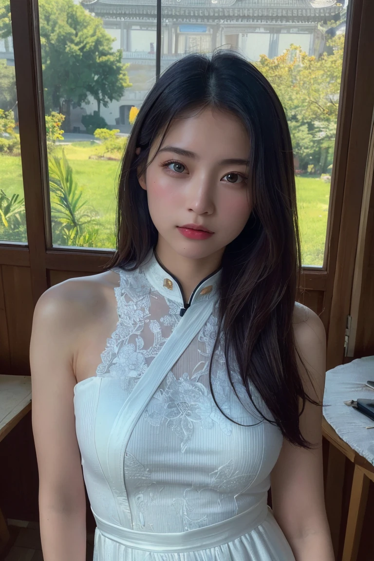 (Highest quality:1.4),(masterpiece:1.4),(Realistic:1.4),(Realistic:1.2),(超High resolution, RAW Photos:1.4),(High resolution, Ultra-detailed:1.2),(8K:1.2),Movie Photos,a photo of a dark-haired,One girl,alone,wear ,((China dress))、((Upper Body:1.3))