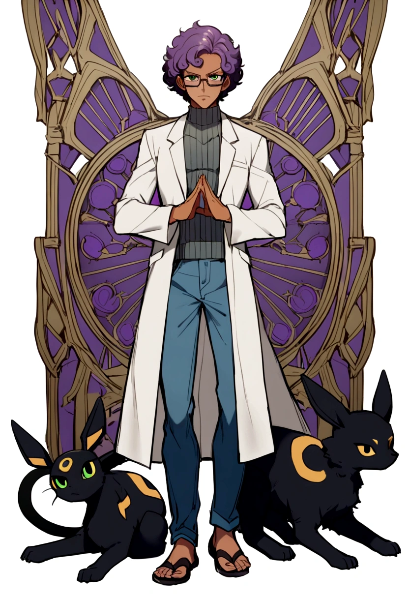 1man, 20s, strong body, latin, chin stubble, square face, tan skin, ((purple curly fluffy hair)), medium lenght hair, ((green eyes)), cool facial expression, (nice hands),  (grey turtleneck), lab coat, spectacles, jeans, sandals [pose with body turned in profile looking at viewer], determined facial expression, simple backgroun, accompanied by an Umbreon