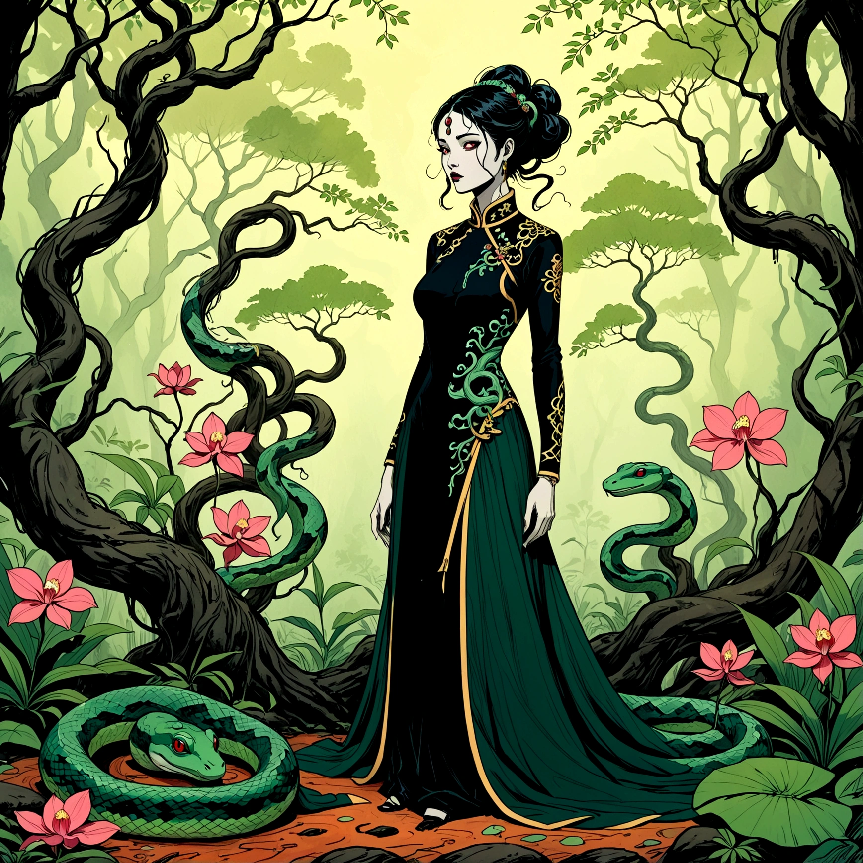 Cheongsam, zansae, qipao, mandarin gown, Chinese dress takes inspiration from the qizhuang, the ethnic clothing of the Manchu people. a longer, figure-fitting, one piece garment with a standing collar, an asymmetric, left-over-right (youren) opening and two side slits, and embellished with Chinese frog fasteners on the lapel and the collar. the color on the dress allows Medusa to naturally blend into the forest background, rewilding, entropy, decay, roots and foliage overgrown, ,trees, leaves, roots, branches, (art style "Sean Gordon Murphy" ink comic drawing, splash panel), Medusa being enveloped by the nature surrounding her, (Naga) (snakefolk) (resembling Grace Jones), ornate black-metal corpsepaint, orchid garden background, watercolor background), almost camouflaged by natural overhang, shading, shadows, candid illustration, multiple exposure, double exposure, optical illusion, bold ink lines, (pen and charcoal, expressive lines), snake skin dress, (broad ROYGBIV color spectrum coloring), (abyss black to dim flame gradient with earth brown to forest green blend), Avant Garde + body + cosmic horror, existential, abstract ethereal surreal, overwhelming dread,