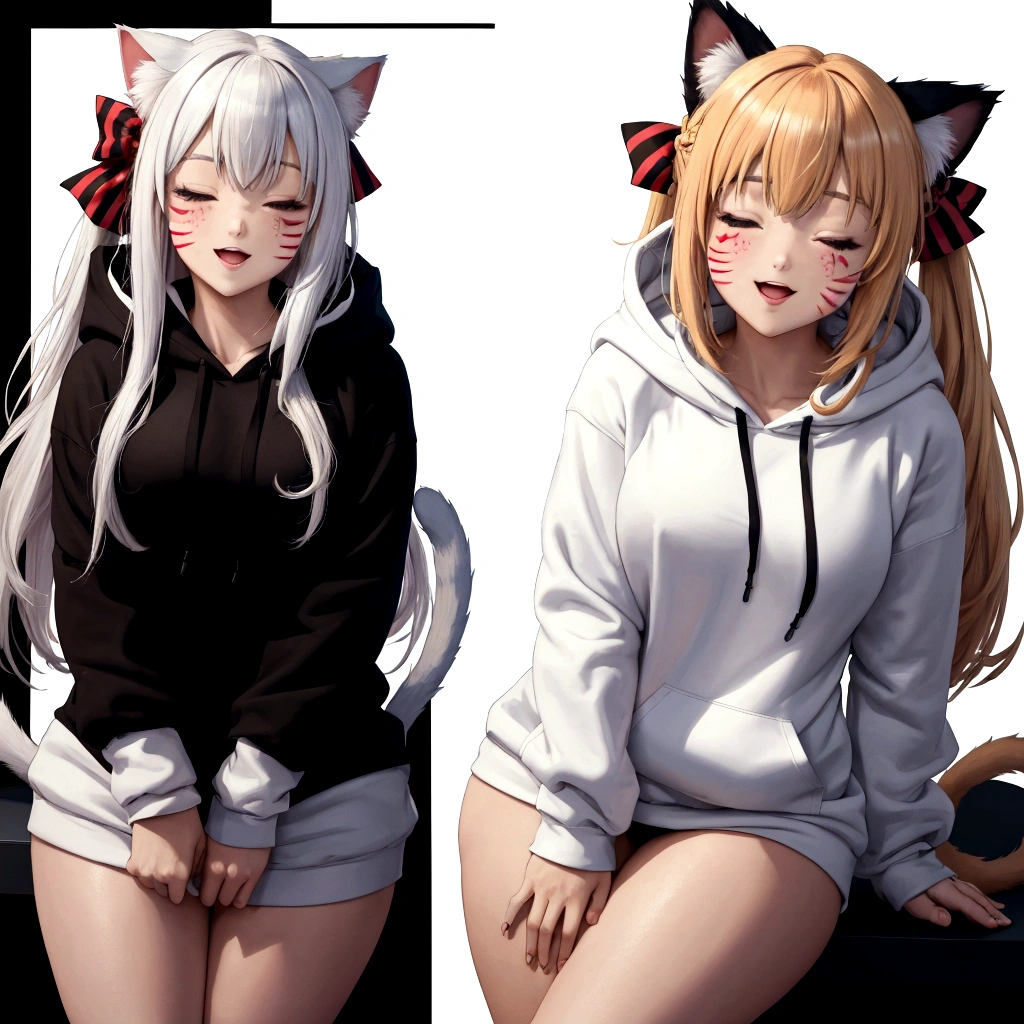 score_9, score_8_up, source_anime, CheshireMGE, two-tone hair, long hair, hair bow, cat paws, facial mark, striped tail, smile, open mouth, white hoodie, long sleeves, oversized hoodie, bottomless, thick thighs, v, simple background, white background,