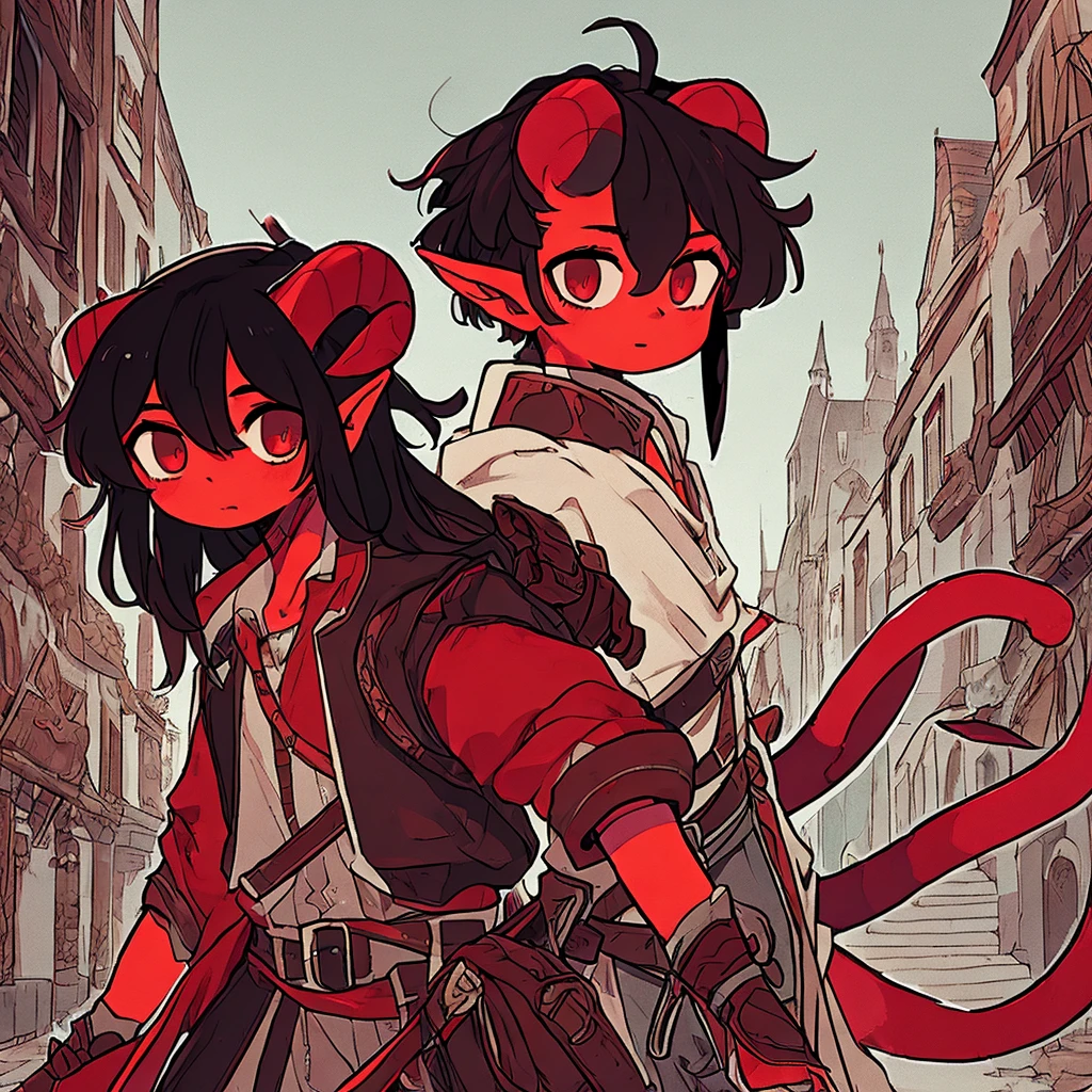 a young 14 year old tiefling boy, small horns, long black hair, red skin, cat-like eyes, pointed tail, pointed ears, detailed face, detailed clothing, fantasy, digital art, cinematic lighting, highly detailed, 8k, photorealistic, award winning, intricate, masterpiece