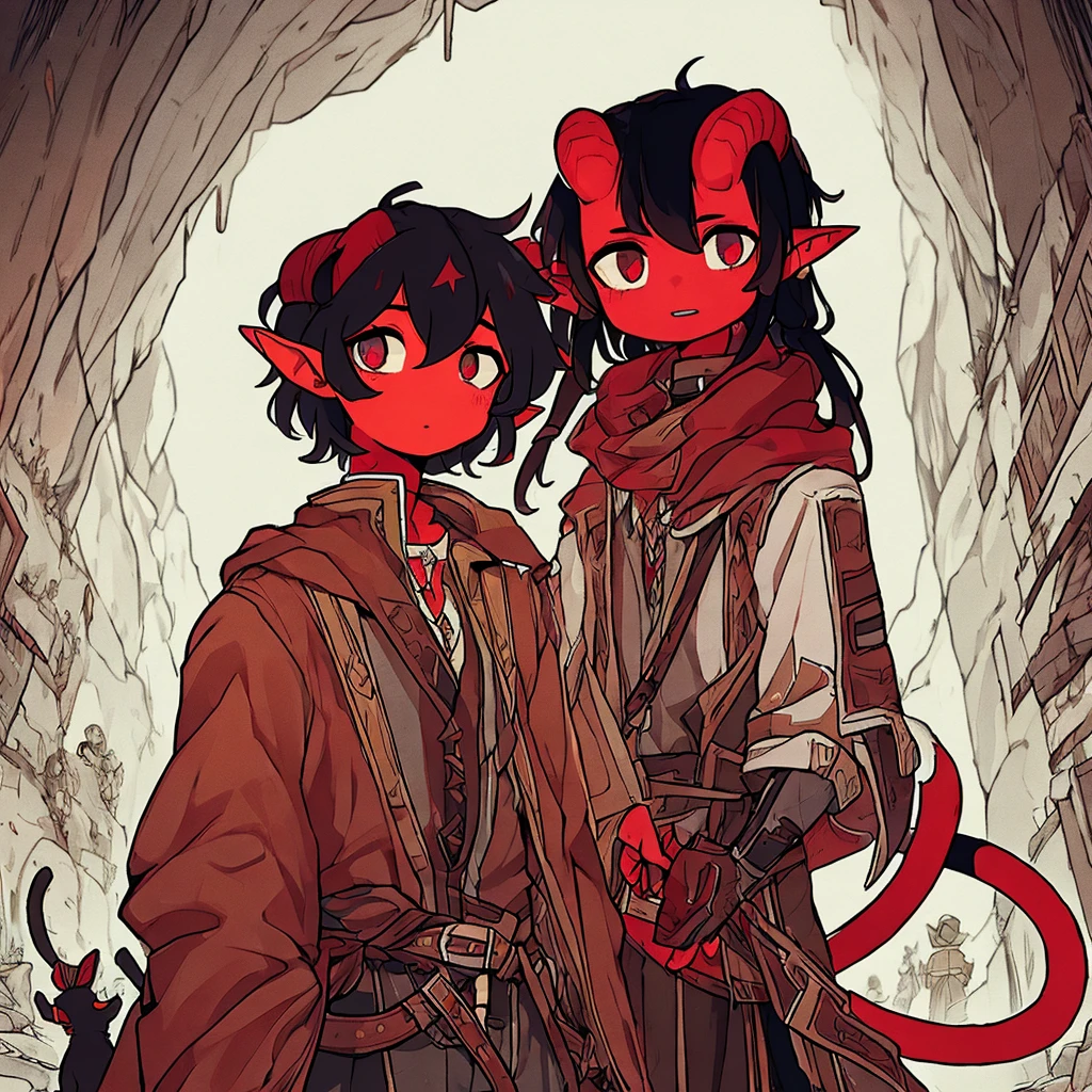 a young 14 year old tiefling boy, small horns, long black hair, red skin, cat-like eyes, pointed tail, pointed ears, detailed face, detailed clothing, fantasy, digital art, cinematic lighting, highly detailed, 8k, photorealistic, award winning, intricate, masterpiece