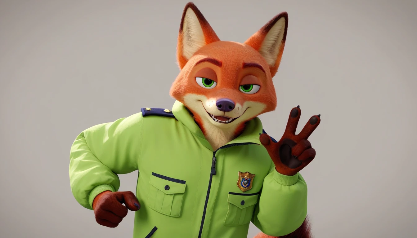score_9, score_8_up, score_7_up, rating_safe,source_furry,anthro,source_3D, nick wilde male muscular fox (fursuit version) looking at the viewer a gesture of peace and love (standard film uniform) (ultra realistic almost looking like a human being) (green eyes)